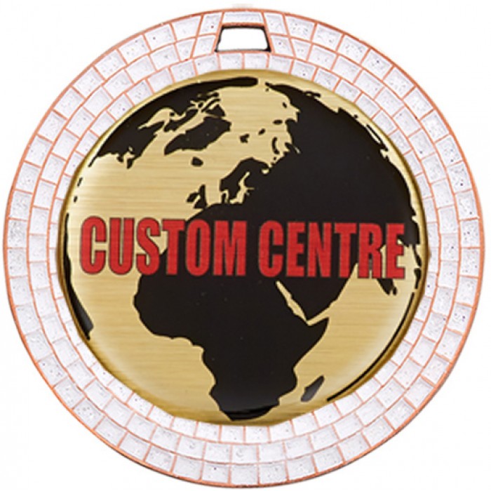 COPPER 70MM - WHITE GEMSTONE CUSTOM CENTRE DOMED MEDAL **SPARKLE**